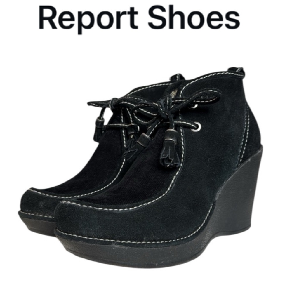 REPORT ANIKA BLACK SUEDE TASSELED LACE UP WEDGE ANKLE BOOTS BOOTIES